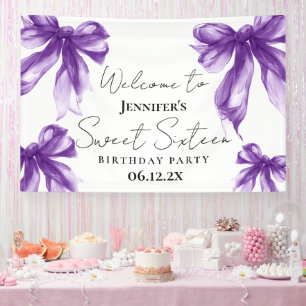 Welcome Purple Bow Coquette Script Sweet 16 Banner