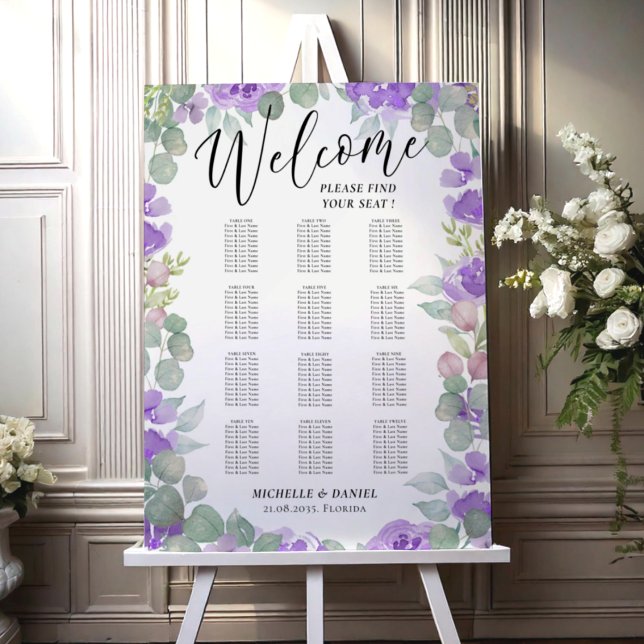 Welcome Purple Floral Wedding Seating Chart Foam Board (Creator Uploaded)