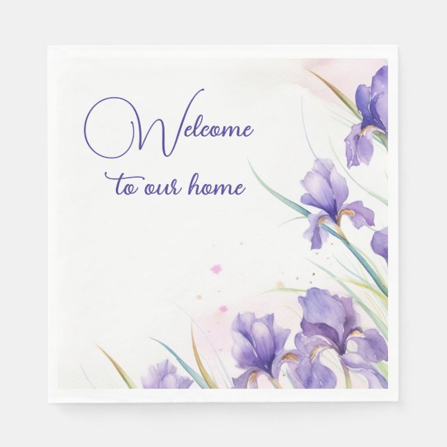 Welcome Purple Iris Border Napkins (Front)