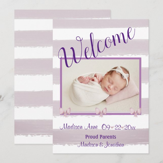 Welcome Purple Photo Script Personalize Birth Announcement (Front/Back)