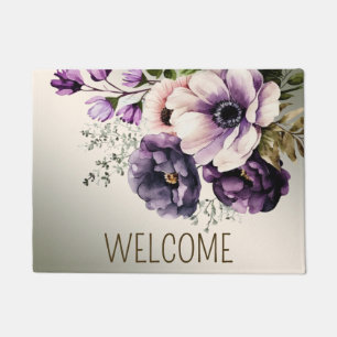 Welcome Purple Pink Flowers Golden Elegant Doormat