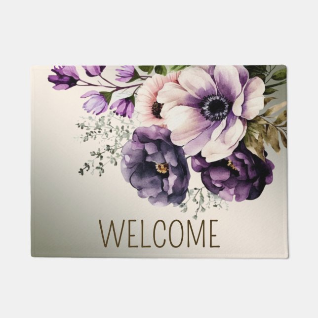 Welcome Purple Pink Flowers Golden Elegant Doormat (Front)