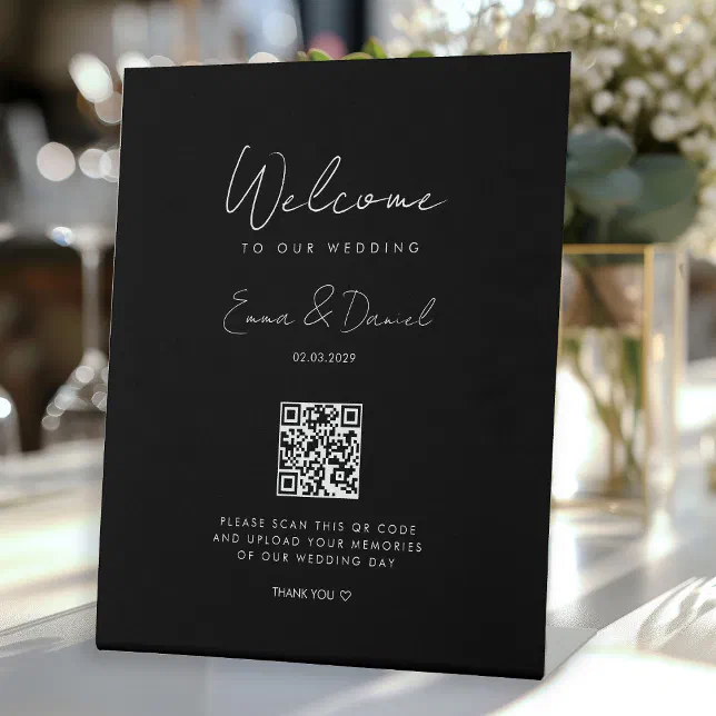 Welcome QR Code Wedding Galery Black Pedestal Sign | Zazzle