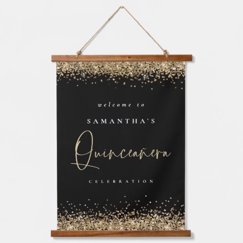 Welcome Quinceanera Gold Glitter Name Black Hanging Tapestry