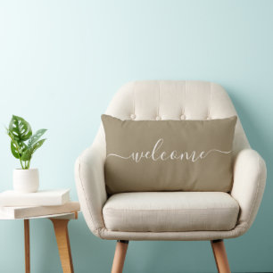 Welcome Quote Tan Chic Calligraphy Typography Lumbar Pillow