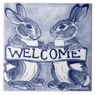 Welcome Rabbit Bunny Art Cute Blue Trivet