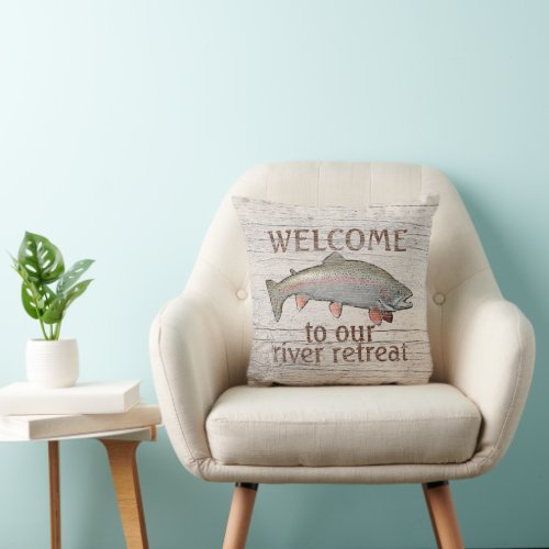 Welcome Rainbow Trout On Weathered Wood Planks Throw Pillow