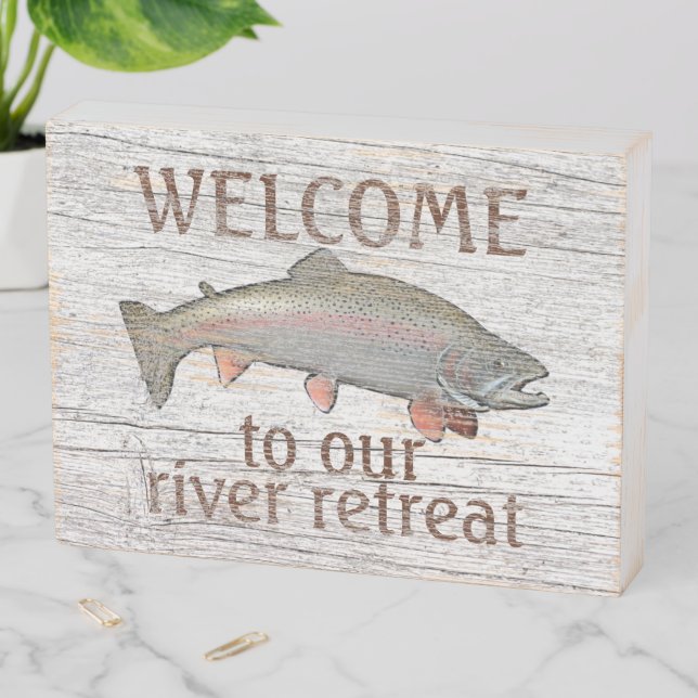 Welcome Rainbow Trout On Weathered Wood Planks Wooden Box Sign (In Situ Horizontal)