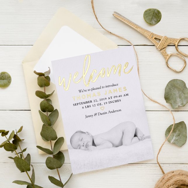 "Welcome" Real Foil Photo Birth Announcement (Creator Uploaded)