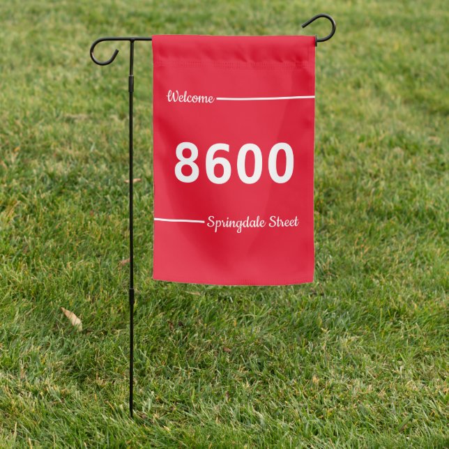 Welcome Red and White House Number Street Address Garden Flag (In SItu)
