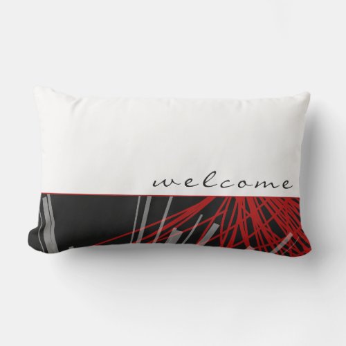 Welcome  Red Black  White Abstract Ribbons Lumbar Pillow