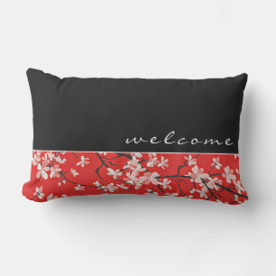 Welcome   Red Black & White Cherry Blossoms Lumbar Pillow