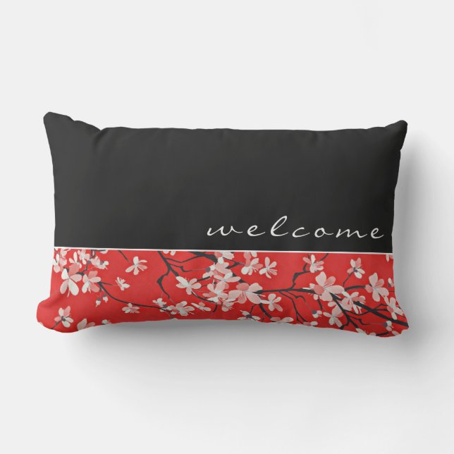 Welcome | Red Black & White Cherry Blossoms Lumbar Pillow (Front)