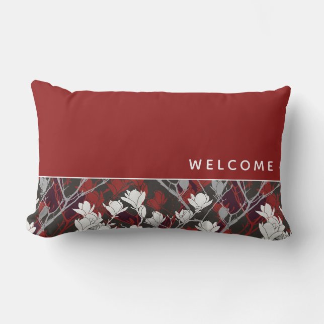Welcome Red Black White & Gray Floral Design Lumbar Pillow (Front)