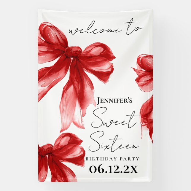 Welcome Red Bow Coquette Script Sweet 16  Banner (Vertical)