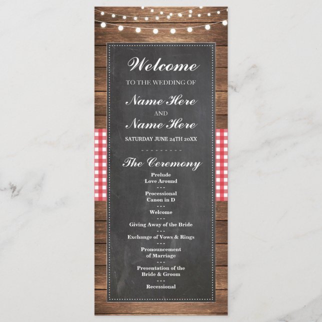 Welcome Red Check Rustic Chalk Wedding Program (Front)