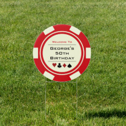Welcome Red Cream White Poker Chip Birthday Party Sign