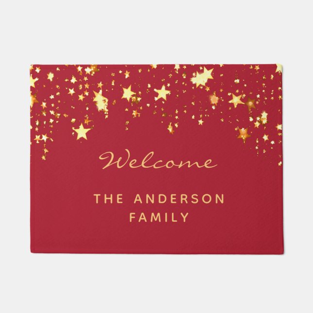 Welcome red gold stars family name doormat (Front)