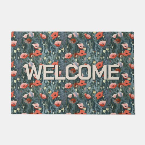 Welcome Red Poppy Meadow Doormat