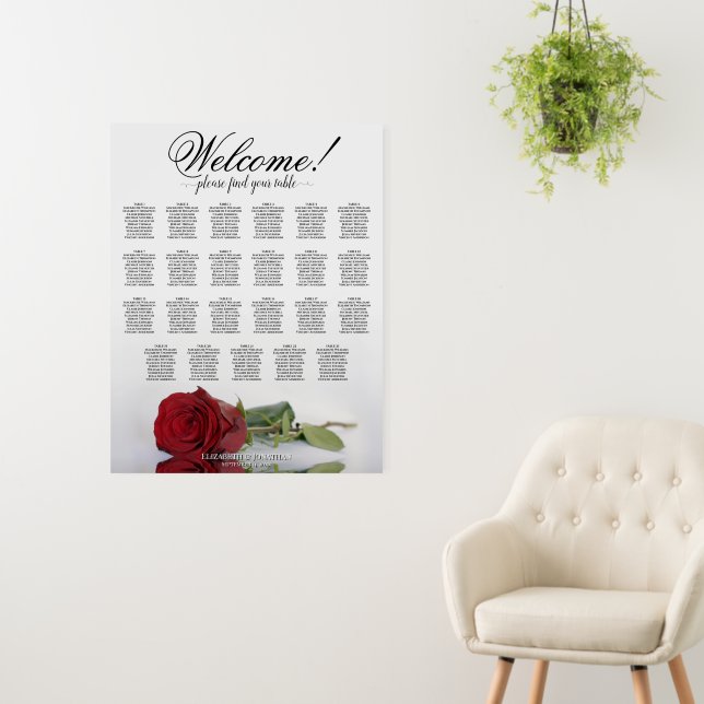 Welcome! Red Rose 23 Table Wedding Seating Chart Foam Board (In Situ (Wall))