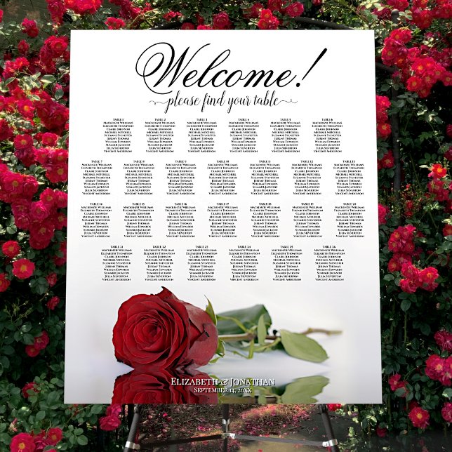 Welcome! Red Rose 26 Table Wedding Seating Chart Foam Board (In Situ on Stand with Roses)