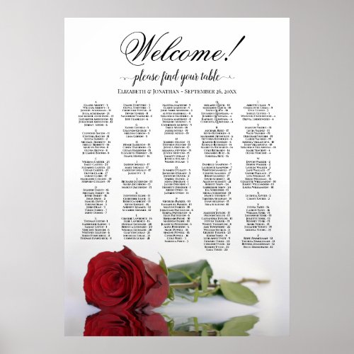 Welcome Red Rose Alphabetical Seating Chart