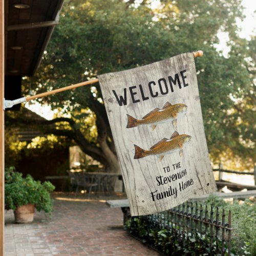 Welcome Redfish Fishing Rustic Family Name House Flag