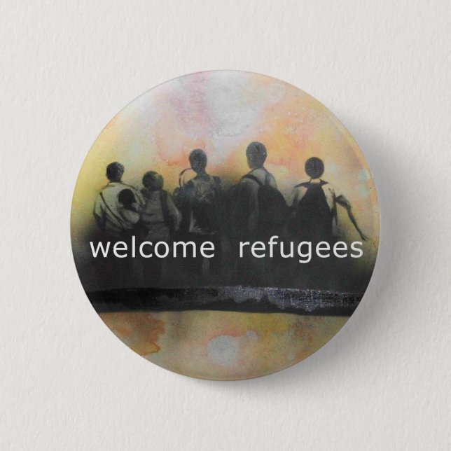 Welcome refugees badge pinback button (Front)