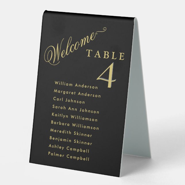Welcome Retirement Party Black Gold Seating  Table Tent (Front)