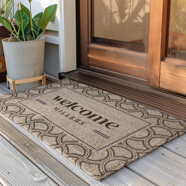 Welcome Retro Typography Black Art Deco Pattern Fiber Doormat (Creator Uploaded)