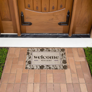 Welcome Retro Typography Floral Damask Border Fiber Doormat