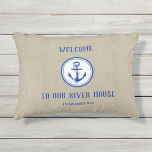 Welcome River House Boat Anchor Year Faux Linen Outdoor Pillow