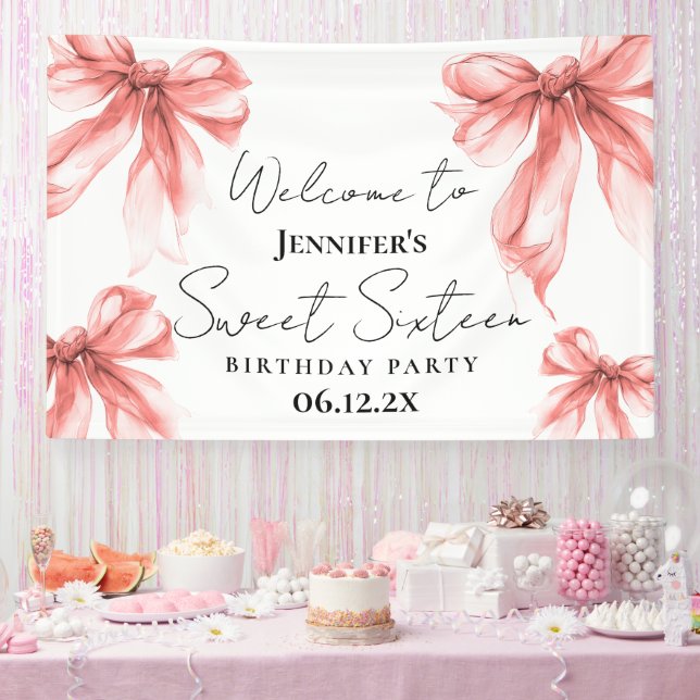 Welcome Rose Gold Bow Coquette Script Sweet 16  Banner (Party)