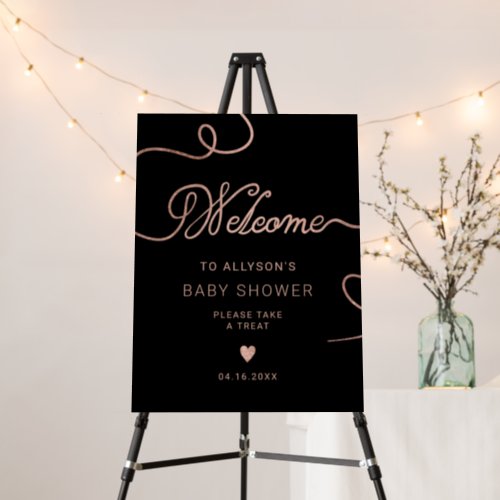 Welcome rose gold foil black chic baby shower foam board - Modern chic calligraphy rose gold foil on black baby shower welcome sign