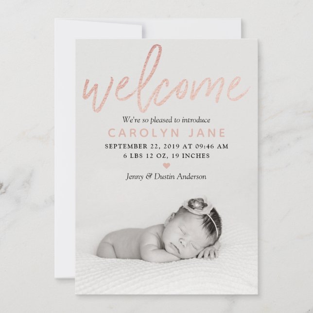 "Welcome" Rose Gold Foil Photo Birth Announcement (Front)