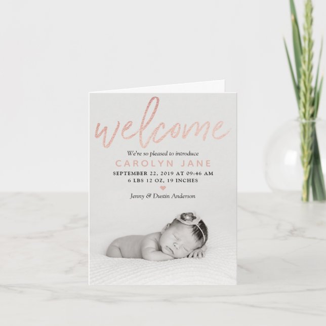 "Welcome" Rose Gold Foil Photo Birth Announcement (Front)
