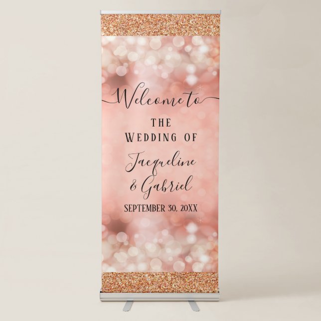 Welcome Rose Gold Glitter Fairy Lights Wedding Retractable Banner (Front)