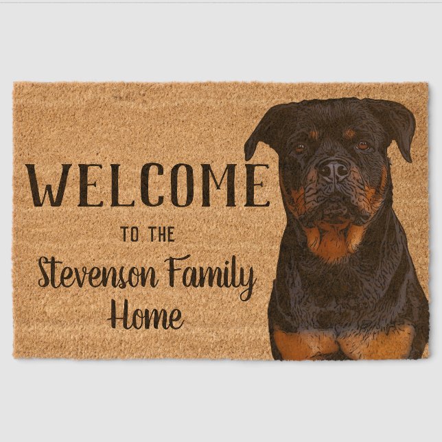 Welcome Rottweiler Dog Animal Family Name Home  Fiber Doormat (Front)