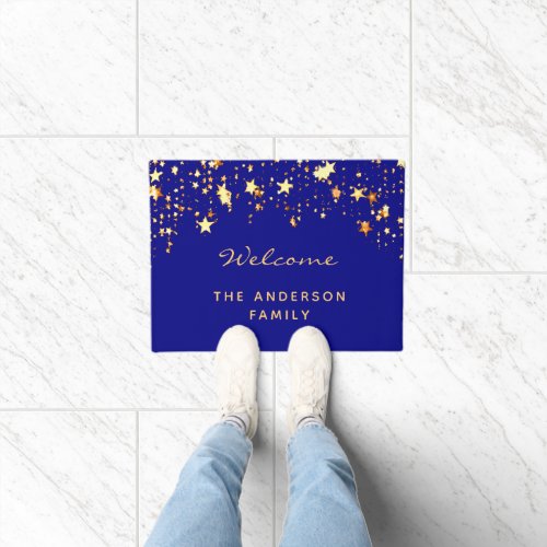 Welcome royal blue gold stars family name doormat