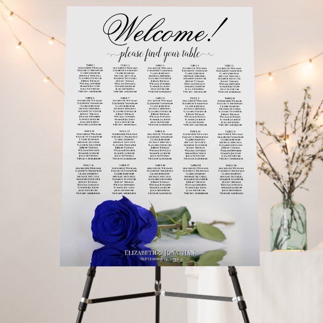 Welcome! Royal Blue Rose 20 Table Seating Chart Foam Board (In Situ (Stand))