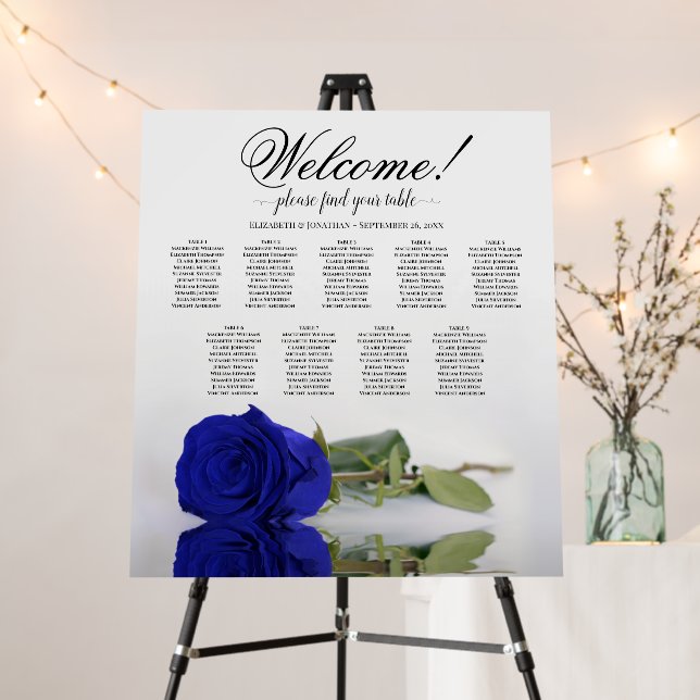 Welcome! Royal Blue Rose 9 Table Seating Chart Foam Board (In Situ (Stand))