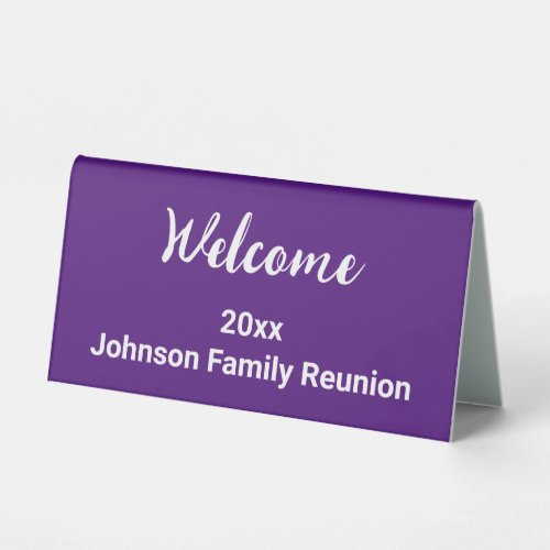 Welcome Royal Purple and White Name Family Reunion Table Tent Sign