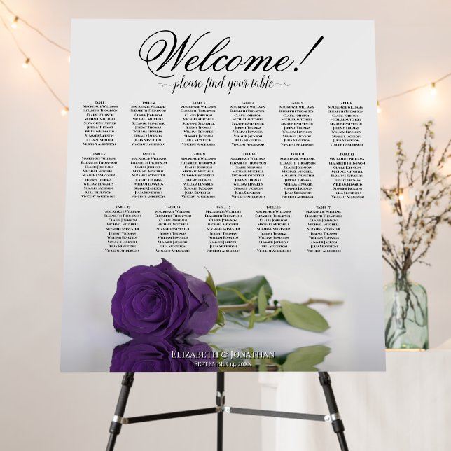 Welcome! Royal Purple Rose 17 Table Seating Chart Foam Board (In Situ (Stand))