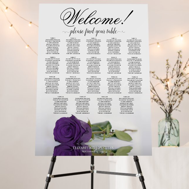 Welcome! Royal Purple Rose 19 Table Seating Chart Foam Board (In Situ (Stand))