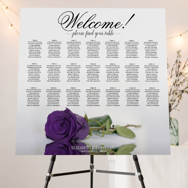 Welcome! Royal purple Rose 21 Table Seating Chart Foam Board (In Situ (Stand))