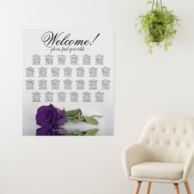 Welcome! Royal Purple Rose 26 Table Seating Chart Foam Board (In Situ (Wall))