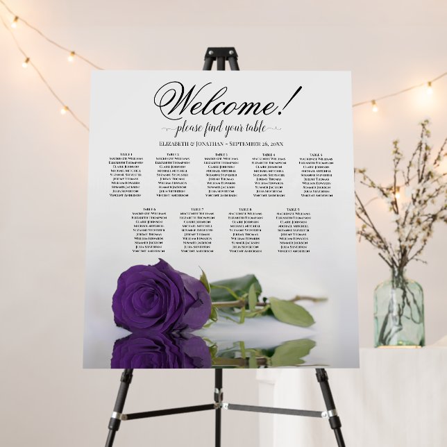 Welcome! Royal Purple Rose 9 Table Seating Chart Foam Board (In Situ (Stand))