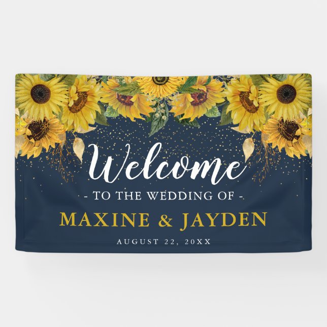 Welcome Rustic Sunflower, Navy & Gold Wedding Banner (Horizontal)