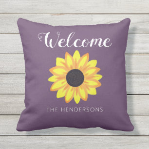 Welcome Rustic Sunflower Purple Yellow Monogram Outdoor Pillow