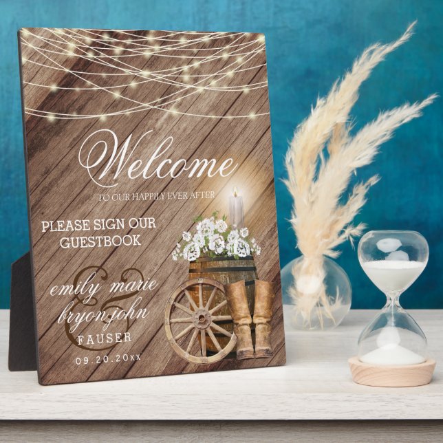 Welcome - Rustic Wood Barrel & String Lights Plaque (Side)